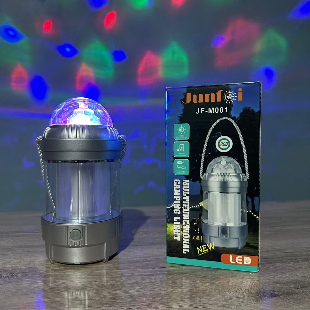 FANOUS LANTERNE CAMPING JUNFOI JF-M001 MULTIFUNCTIONAL LAMPE LED ET RGB ANIMATION AVEC BATTERY OU PILES RECHARGEABLE OUT USB GREY